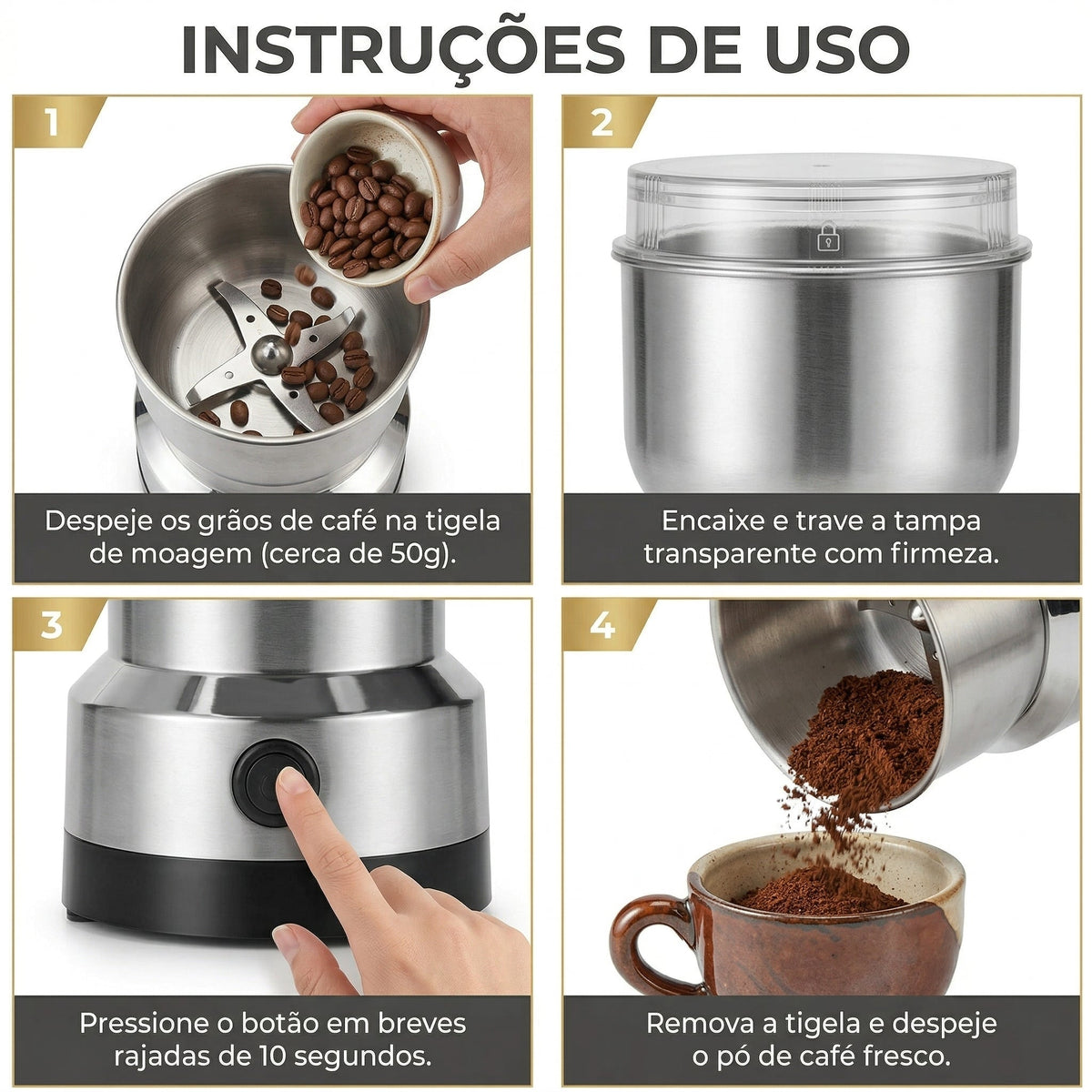 MOEDOR GOURMET DE CAFÉ E GRÃOS MULTIFUNCIONAL EM AÇO INOX