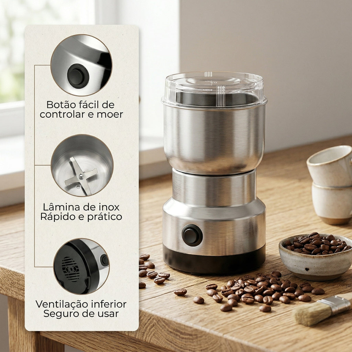 MOEDOR GOURMET DE CAFÉ E GRÃOS MULTIFUNCIONAL EM AÇO INOX