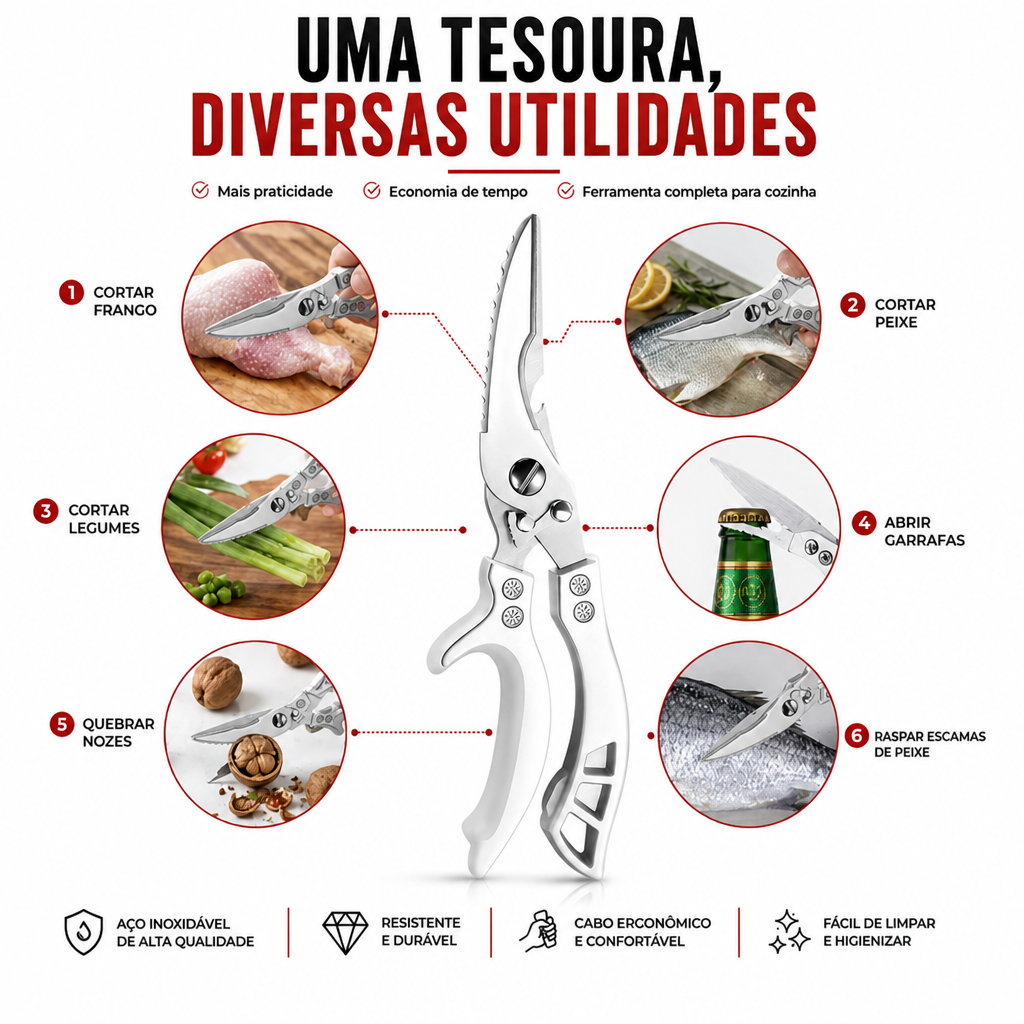 TESOURA DE COZINHA TRINCHANTE MULTIUSO ULTRA RESISTENTE EM AÇO INOX