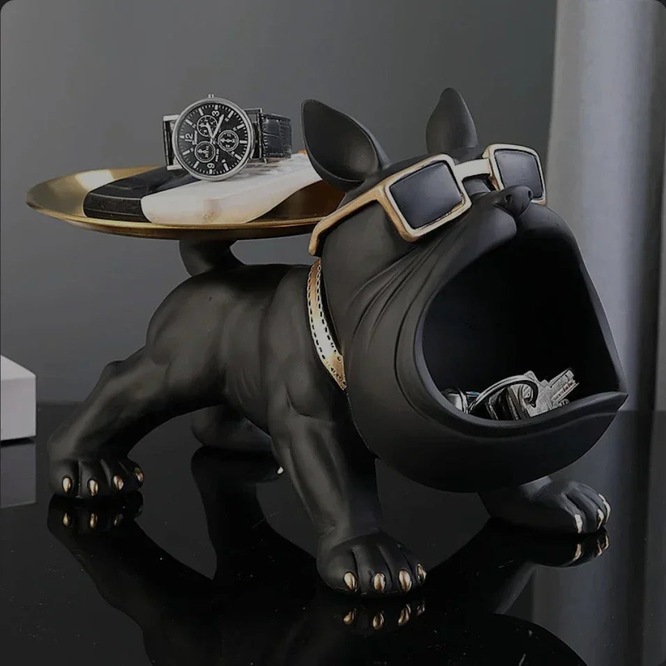 Escultura Decorativa de Cachorro Bulldog com Bandeja
